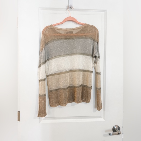 LOFT Neutral & Metallic Gold Striped Mesh Stitch Long Sleeve Sweater - Picture 2 of 4